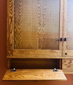 lot 104 image: Large Vintage Wall Mount Storage Cabinet Pegboard with Hooks and Two Pullout Drawers