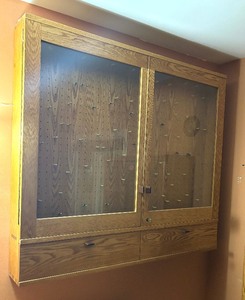 lot 105 image: Large Vintage Wall Mount Storage Cabinet Pegboard with Hooks and Two Pullout Drawers