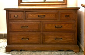 lot 11 image: Vintage Wooden Glass Top Dresser and Mirror