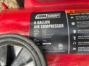 lot 14A image: Tool Shop Six Gallon 1.5 HP Air Compressor Model 0320612