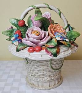 lot 1 image: Fitz & Floyd Cookie Jar Old World Rabbits Flower Basket 12 H x 10 W
