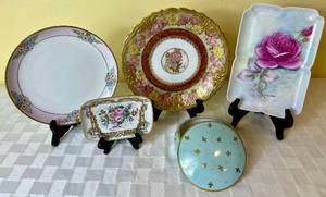 lot 9 image: Limoges France Porcelain Collection including BlueGold Trinket Box, Hand Painted Rectangle Trinket Tray, Handpainted GoldRed Plate, Pink Rimmed Plate and Limoges France Giraud Handpainted Tray