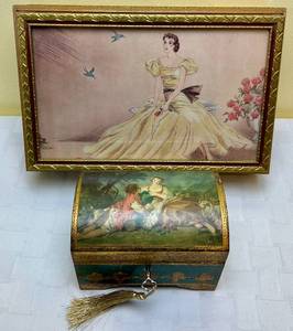 lot 17 image: Vintage Gold Painted Wood and Jewelry Box with Mirror and Italian Treasure Chest