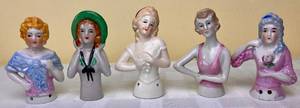 lot 20 image: Antique Porcelain Half Doll Pin Cushion Tops