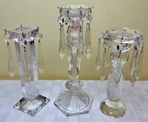 lot 22 image: Cystal Candlesticks with Dangling Lusters - 3 pieces