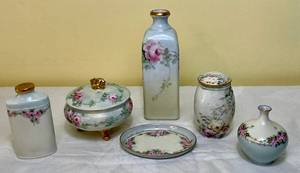 lot 7 image: Vintage Porcelain Vanity Set with Pink Roses -Marked with MZ Austria, Royal Austria (6 Pieces)