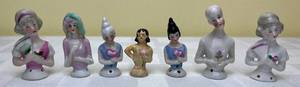 lot 30 image: Antique Porcelain Mini 2 Half Doll Pin Cushion Tops - 7 Pieces