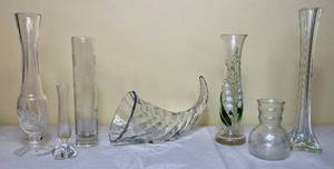lot 31 image: Vintage Flower Cylinder Vases (6) Including Waterford Crystal and Cornucopia Clear Vase Bowl 7.5 L