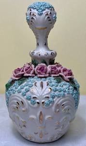 lot 35 image: Vintage Reina Califa Bone China Forget Me Not & Roses Perfume Bottle 9 H