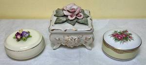 lot 38 image: Porcelain Trinket Boxes - Floral China, Made in China, Red Rose Woodmere China and Cordey Rose Flower #6038