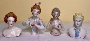 lot 29 image: Antique Porcelain Doll Pin Cushion Tops - Approx 4 H - 4 Pieces