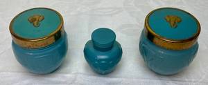 lot 42 image: Vintage Ruth Maurer Empty Elephant Embossed Perfume Face Cream Jars and Corked Cosmetic Jar