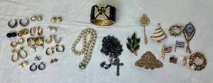 lot 37 image: Vintage Costume Jewelry Lot  includes Brooches, Earrings, Bracelets,Necklace and Rosary