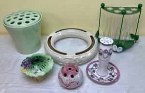 lot 34 image: Porcelain Frog Collection includes Western Germany 8.5 Round Flower Frog, German 4 Round Hand Painted  Flower Frog,  Ceramic Sage Green Vase with Built in Frog