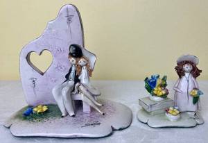 lot 62 image: Vintage Zampiva Porcelain Spaghetti Hair Figurines- Flower Girl and Wedding Couple In Love