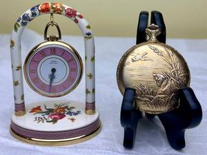 lot 73 image: Majestime 17 Jewel Pocket Watch and Avon Centennial Year Celebration Pocket Watch with Hanging Arch