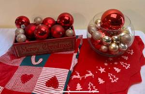 lot 102 image: Christmas Dcor - Merry Christmas Box of Red & Gold Ornaments, Bowl of Ornaments, Vintage Tree Skirt and Table Cover