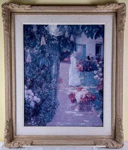 lot 111 image: Childe Hassam  Gathering Flowers in a French Garden Print with Ornate Frame