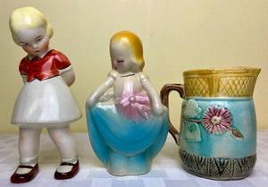 lot 40 image: Pottery Collection - Shawnee Pottery Planter, Vintage Coventry Girl #5008 and Majolica Creamer