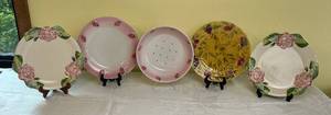 lot 71 image: Vintage Portuguese Pottery -Pink Roses Plates,  Strawberry Strainer Bowl & plate plus Sarreguemines Majolica Strawberries & Cherries Plate
