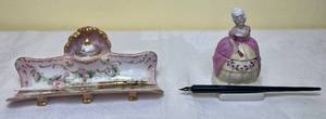 lot 19 image: Antique Dresden Porcelain Inkwell Stand with Inkpot  & Pen and Victorian Lady Inkpot with Pen