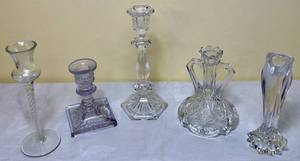 lot 24 image: Vintage Clear Cut Glass Candle Stick Holders 5 Pieces including Kosta Boda and Lenox