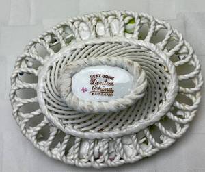 lot 47 image: Vintage Porcelain Lattice Collection - Herend Rothschild Hungary Bird Small Dish, Denton Handled Bone China Basket, Denton Woven Bell, Floral Bone China Woven Bell and Herend Hungary Table Bell