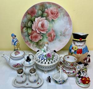 lot 44 image: Made In Germany Porcelain Collection -Antique Porcelain Half Doll VanityBoudoir Brush, Rosenthal Rose Plate, Vintage Figural CreamerPitcher, West Germany Teapot and Von Schierholz Covered Dish