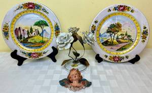 lot 69 image: Made in Italy Art Collection - Capodimonte Porcelain & Metal Roses with Gold Trim, Vintage Cherub and two Hand Painted Plates