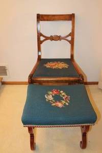 lot 1A-55 image: Wooden Chair and Ottoman with Needlepoint Seats