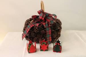 lot 88 image: Winter Basket and Wooden Candleholders