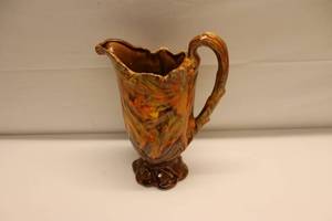 lot 1-140 image: MCM Vibrant Groovy 1970s Orange Ceramic Drip Glaze Pottery Pitcher
