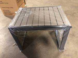 lot 7 image: Hampton Bay 15.75 in. Fern Black C shape Metal Outdoor Side Table Customer  Returns See Pictures