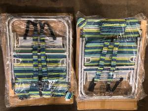 lot 25 image: CARIBBEAN JOE 4-Position Reclining Beach Chair, Multi-Stripe, Pillow, Backpack Straps, Wood Armrests, Steel Frame 300 lbs. Capacity  Customer  Returns See Pictures