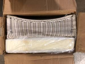 lot 34 image: Hampton Bay Park Meadows Off-White Wicker Outdoor Patio Ottoman with Sunbrella Beige Tan Cushion   Customer  Returns See Pictures