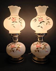 lot 75 image: Pair of Electrified Hurricane Lamps with Frosted Glass Shades