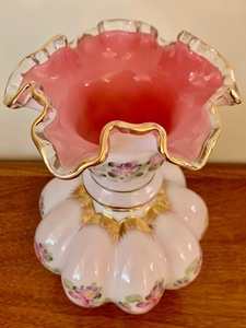 lot 102 image: Vintage Fenton Charleton Melon Vase AWCO Hand Painted Roses 8.5