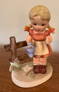 lot 104 image: Three Vintage Hummel Figurines, Including Erich Stauffer Hand Painted Spring Time Boy Holding Umbrella 8218