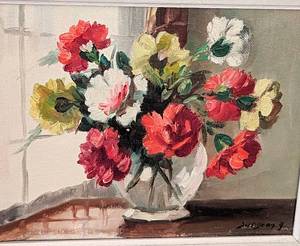lot 14 image: Pair of Small Floral Oil Still Life Paintings by Surgeon