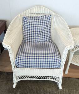 lot 12A image: Vintage White Wicker Rocker, Armchair and Side Table