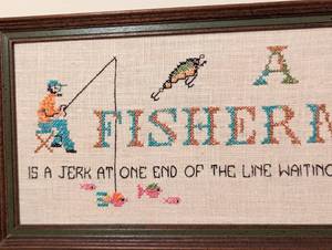 lot 96 image: Vintage Framed Fisherman Needlepoint Sign