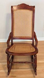 lot 99 image: Vintage Wood and Cane Rocking Chair