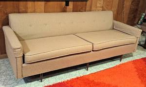 lot 46 image: Taupe Upholstered Mid Century Sofa