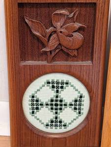lot 150 image: Pair of Vintage Carved Wood Needlepoint Wall Hangings