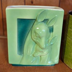 lot 159 image: Vintage Green Ceramic Royal Copley Deer and Fawn Planter & Vintage Italian Ceramic Planter by Bitossi