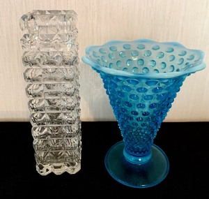 lot 202 image: Stunning Vintage Clear Glass Lot with Blue Fenton Hobnail Vase