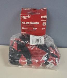 Milwaukee- (1 pkge) Medium Red Nitrile Level 1 Resistant Dipped Work Gloves (12-Pack) & (1 box) Milwaukee All Day Comfort Ear Plugs - Individually Wrapped (Box of 100 Pair)