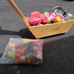 lot 91 image: WOODEN WAGON FILLED WITH KIDS KITCHEN GOODIES