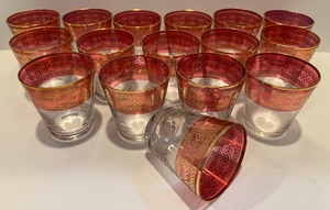 lot 103 image: Vintage Moroccan Style Cranberry and Gold Glasses - QTY 18