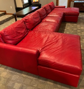 lot 3 image: MODERN CLASSICS Red Full LEATHER Sectional Couch